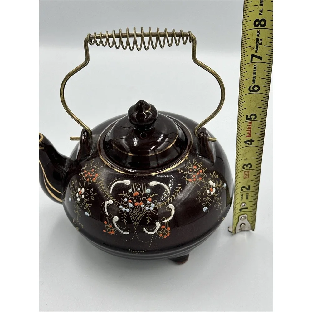 VTG Japanese Brown Moriage Floral Teapot w/ Metal Spring Handle Ceramic 3 Footed